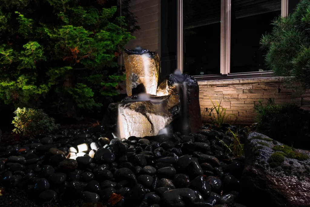 water feature with landscape lighting
