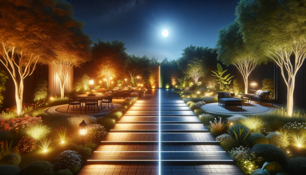 Image of landscape lighting in a yard at night comparing the differences in color temperature.