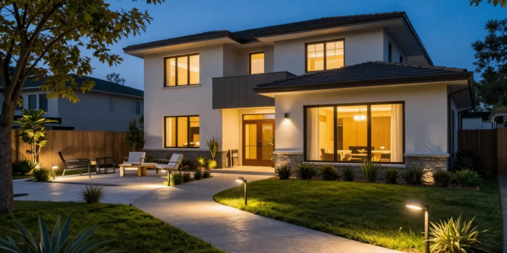 house with outdoor lights on